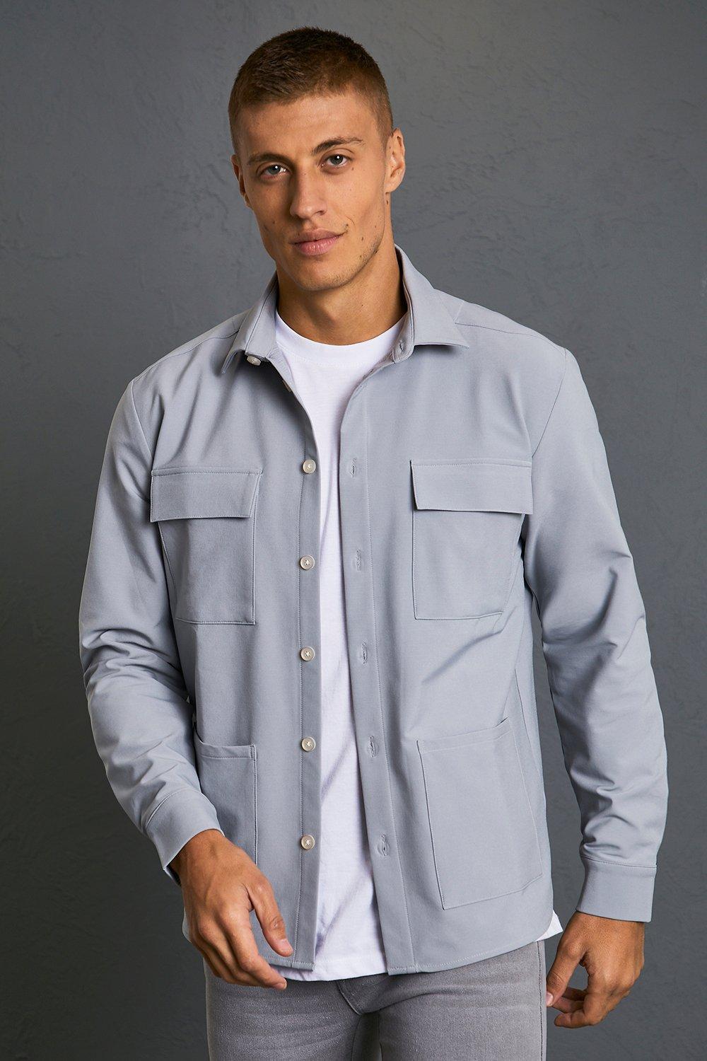 Mens Grey Nylon 4 Way Stretch Multi Pocket Overshirt, Grey